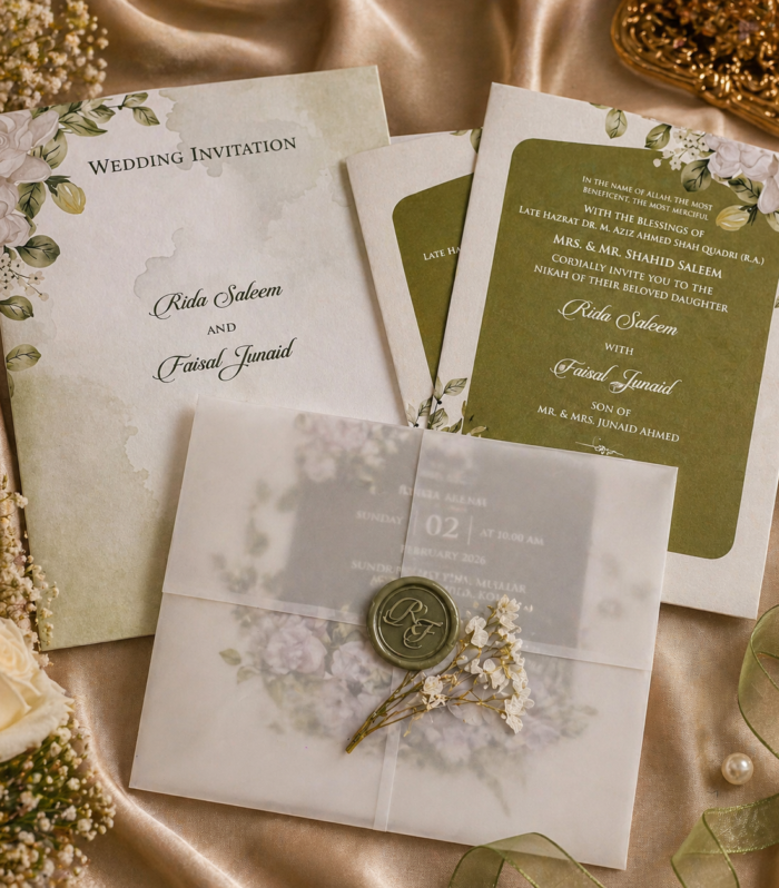 Elegant Vellum Overlay Wedding Invitation Set with Floral Inserts – Monogram Seal Edition