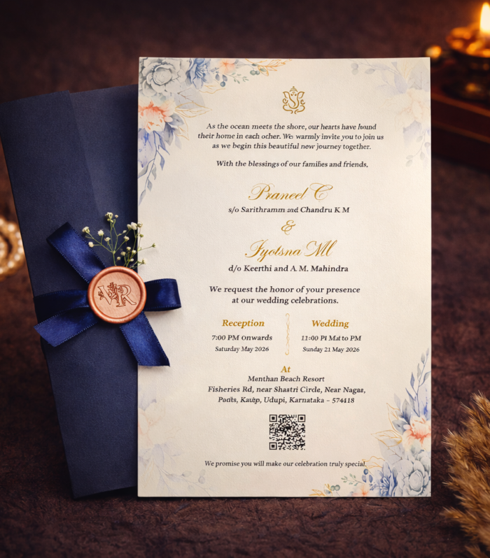 Navy Blue Floral Wedding Invitation with Satin Ribbon & Wax Seal – Coastal Elegance Edition