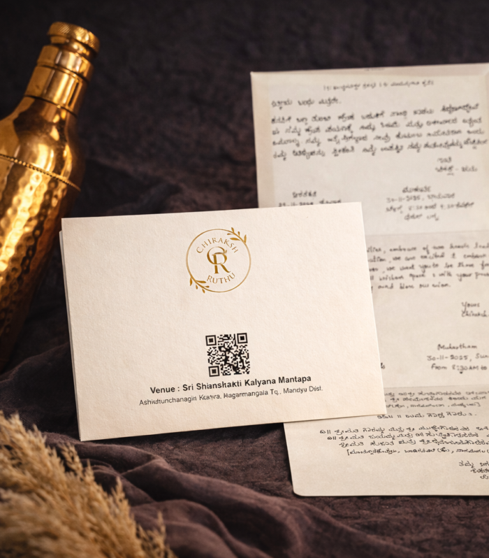 Minimal Gold Monogram Fold Wedding Invitation with Postcard RSVP – Classic Kannada Edition