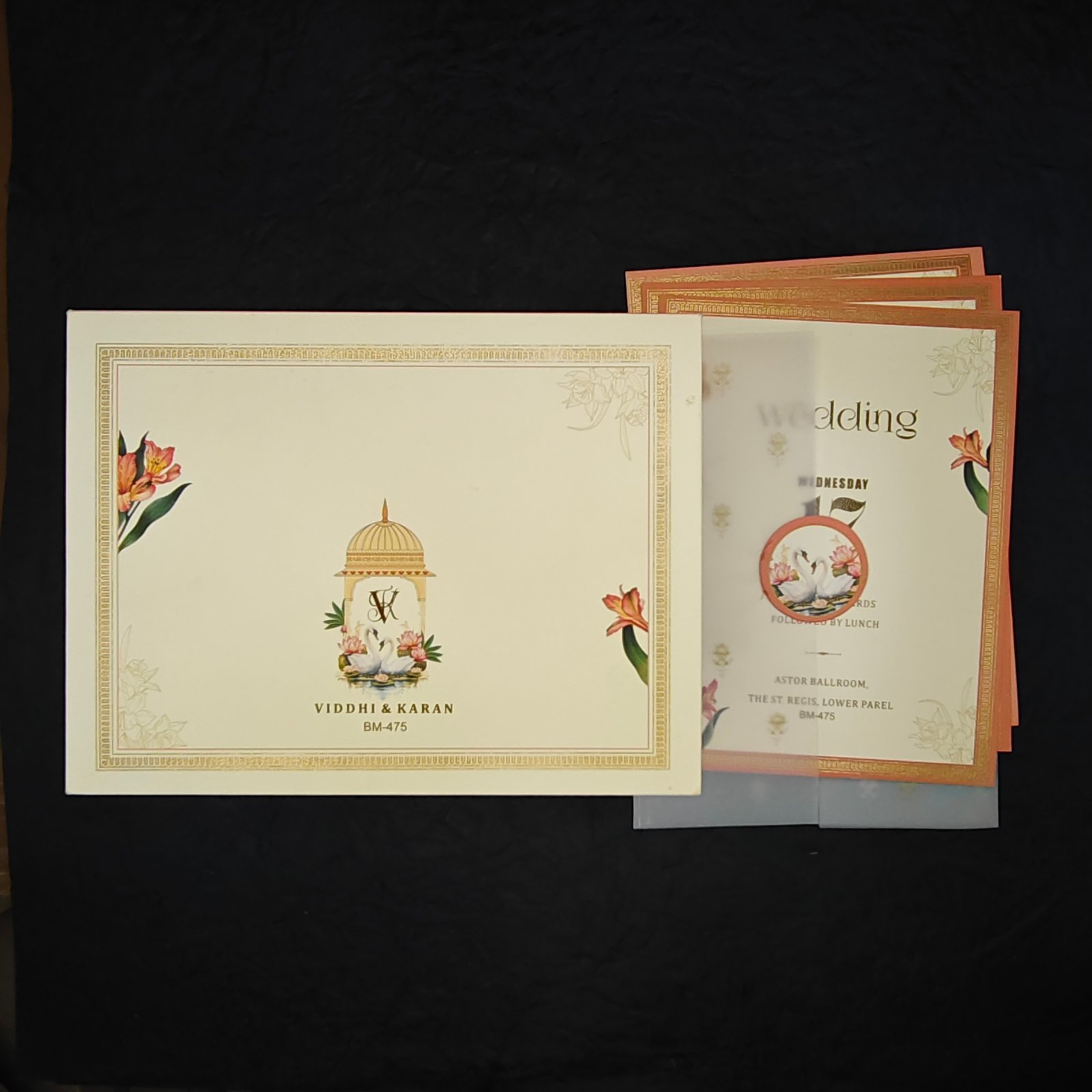 Peach & Gold Multi-Event Wedding Invitation with Vellum Wrap – Lotus Pavilion Edition - Image 4