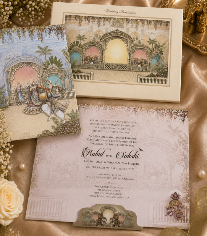 Luxury Palace Theme Wedding Invitation Card Set with Mehendi, Reception & Wedding Inserts