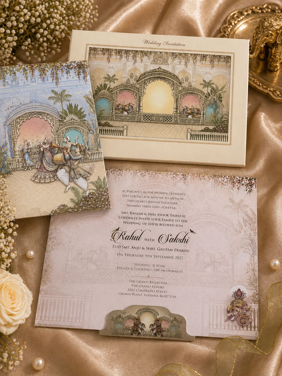 Luxury Palace Theme Wedding Invitation Card Set with Mehendi, Reception & Wedding Inserts