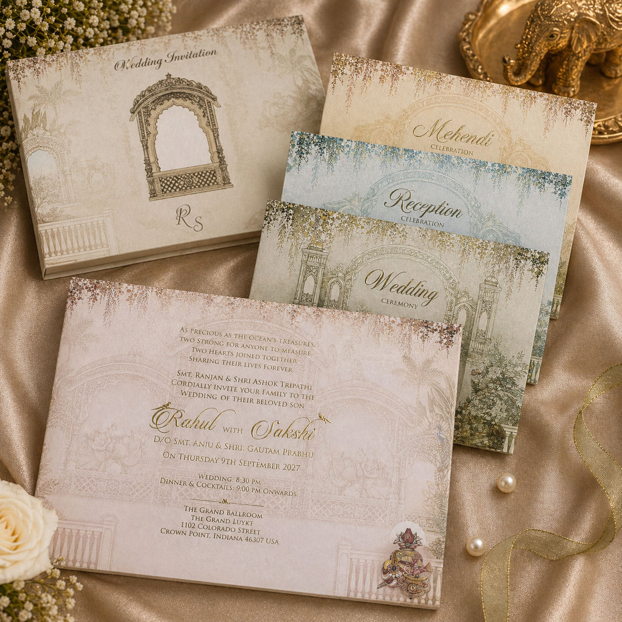 Luxury Palace Theme Wedding Invitation Card Set with Mehendi, Reception & Wedding Inserts - Image 3