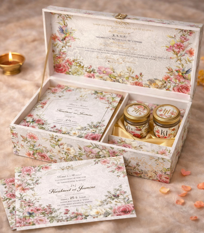 Luxury Pastel Floral Wedding Invitation Gift Box with Glass Jars