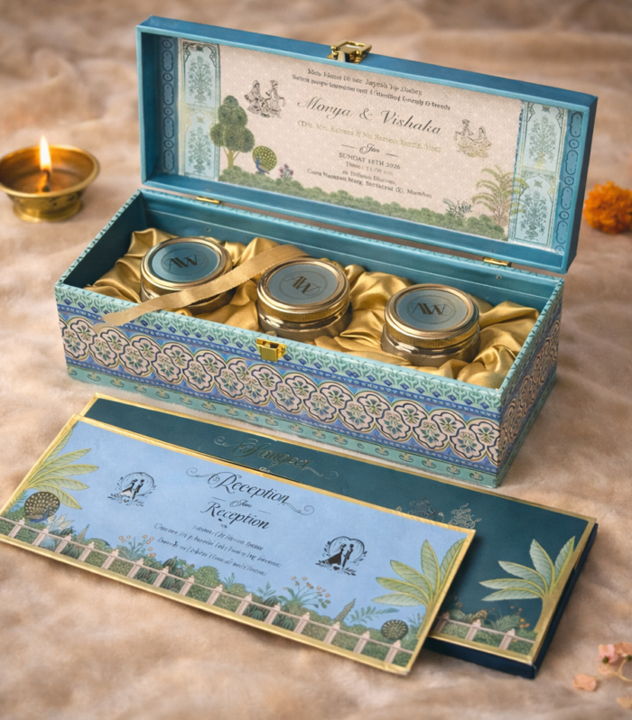 Luxury Royal Blue Garden Theme Wedding Invitation Gift Box Set