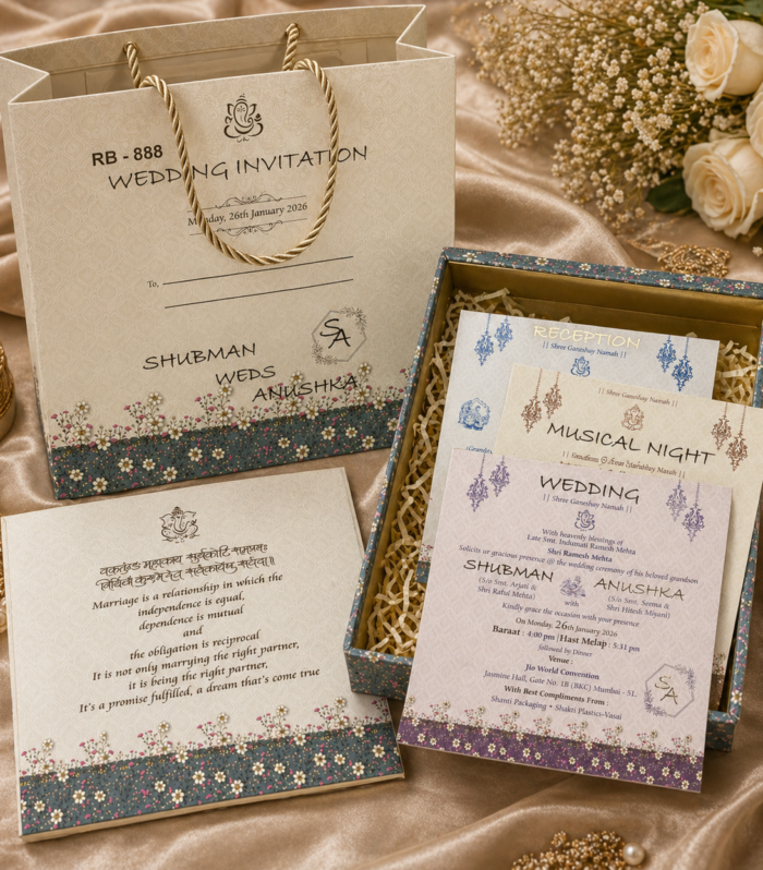 Modern Invitation Box Set with Multi Inserts & Carry Bag – Elegant Floral Collection