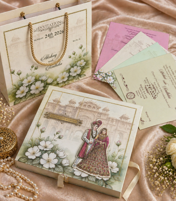 Modern Invitation Box Set with Multi Inserts & Carry Bag – Pastel Palace Engraved Collection