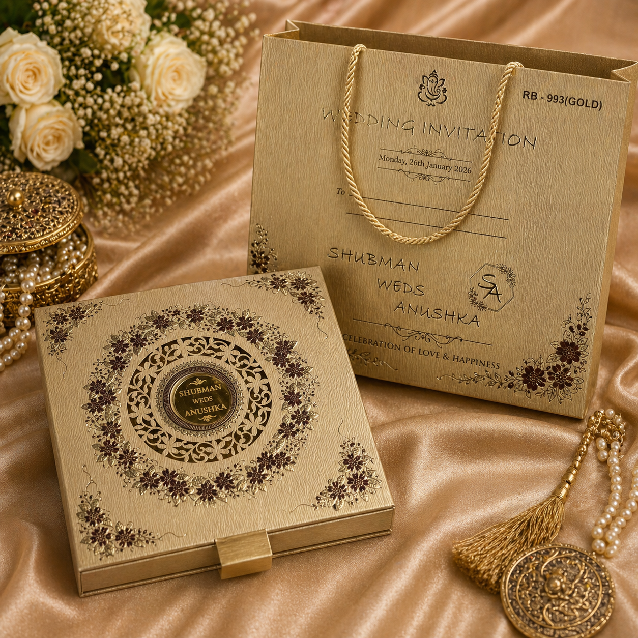 Modern Invitation Box Set with Multi Inserts & Carry Bag – Regal Gold Classic Series - Image 2