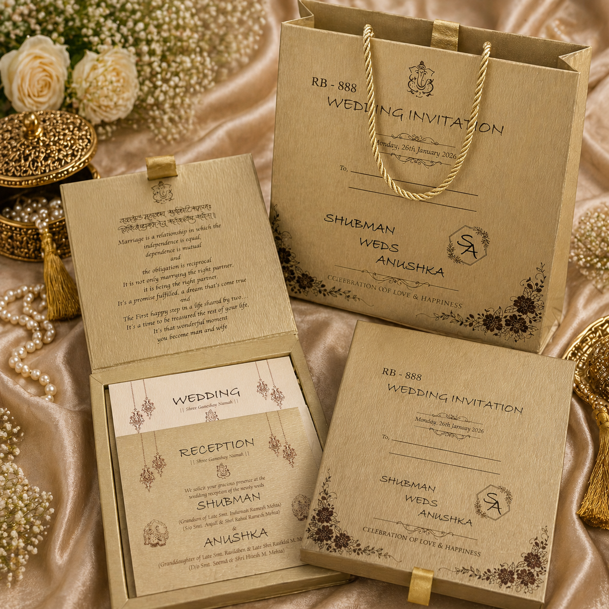 Modern Invitation Box Set with Multi Inserts & Carry Bag – Regal Gold Classic Series