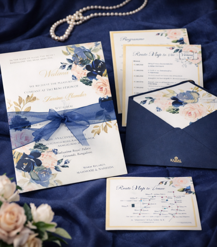 Navy Floral Walima Invitation Suite with Coordinated Inserts – Timeless Celebration Edition