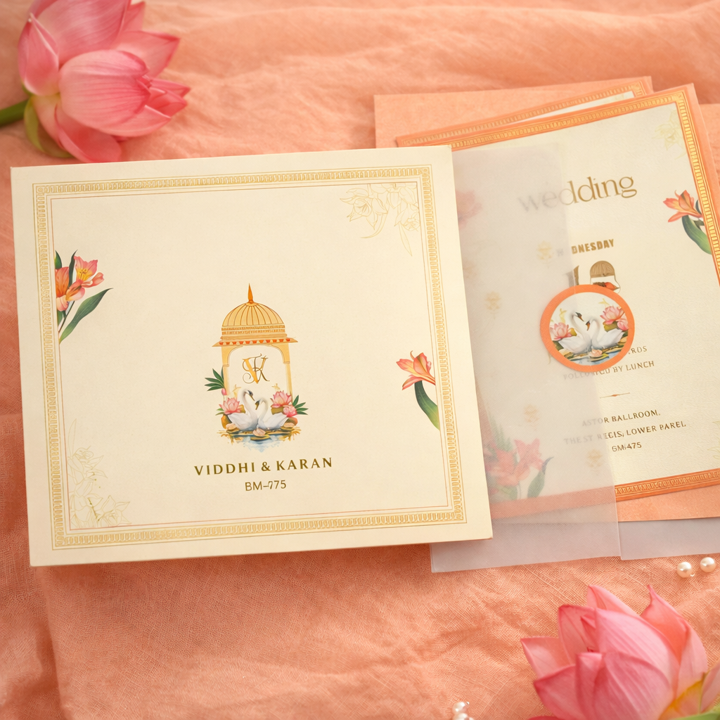 Peach & Gold Multi-Event Wedding Invitation with Vellum Wrap – Lotus Pavilion Edition - Image 2