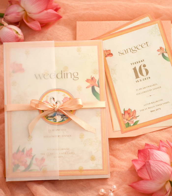 Peach & Gold Multi-Event Wedding Invitation with Vellum Wrap – Lotus Pavilion Edition