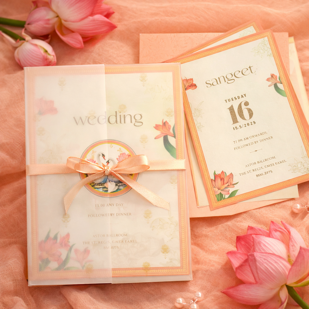Peach & Gold Multi-Event Wedding Invitation with Vellum Wrap – Lotus Pavilion Edition