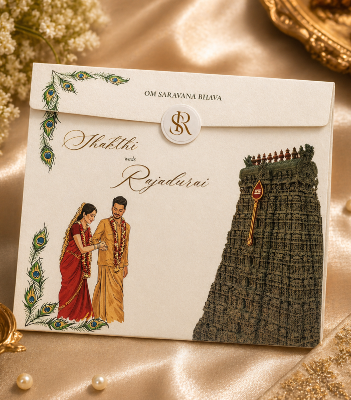 Peacock Floral Illustrated Wedding Invitation – South Indian Classic Fold Invite