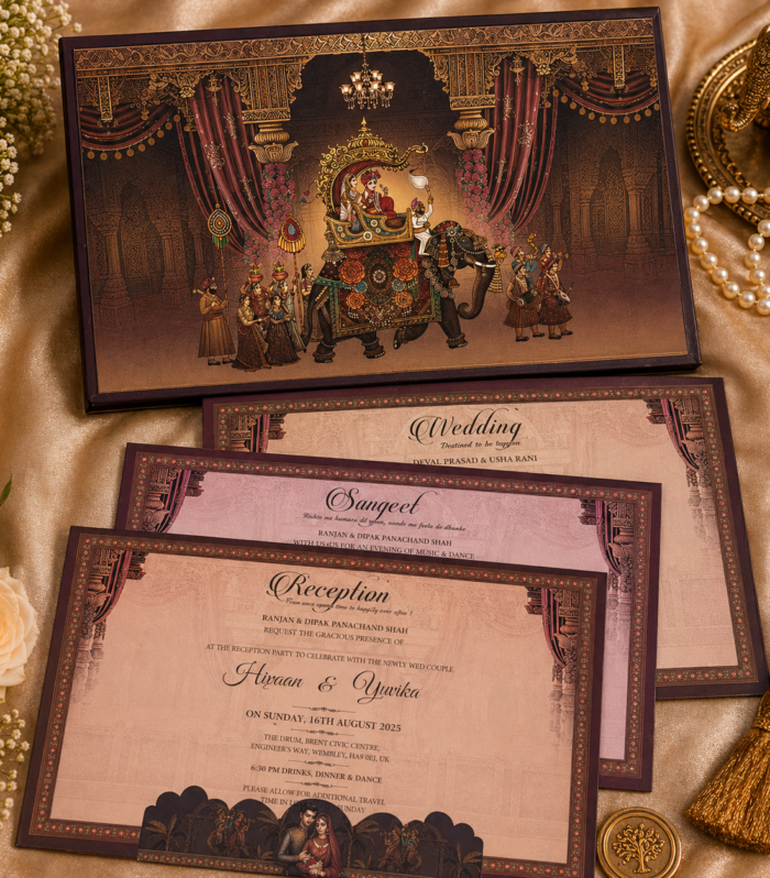 Premium Royal Wedding Invitation Card with Baraat Illustration & Multi-Event Inserts – Regal Heritage Series