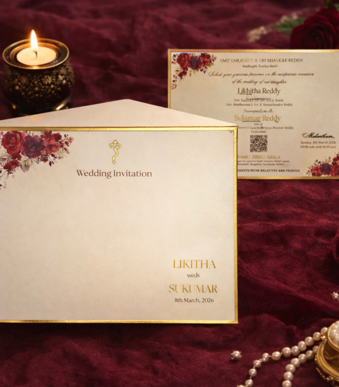 Royal Burgundy Floral Box Wedding Invitation with Gold Foil & Rigid Presentation Case