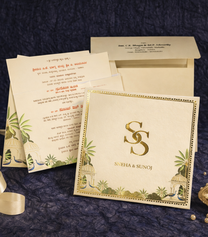 Royal Peacock Garden Wedding Invitation – Gold Foil Monogram Edition