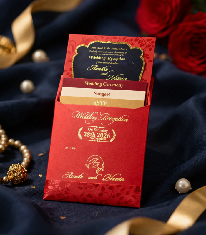 Royal Red Pocket Fold Wedding Invitation with Multi Inserts