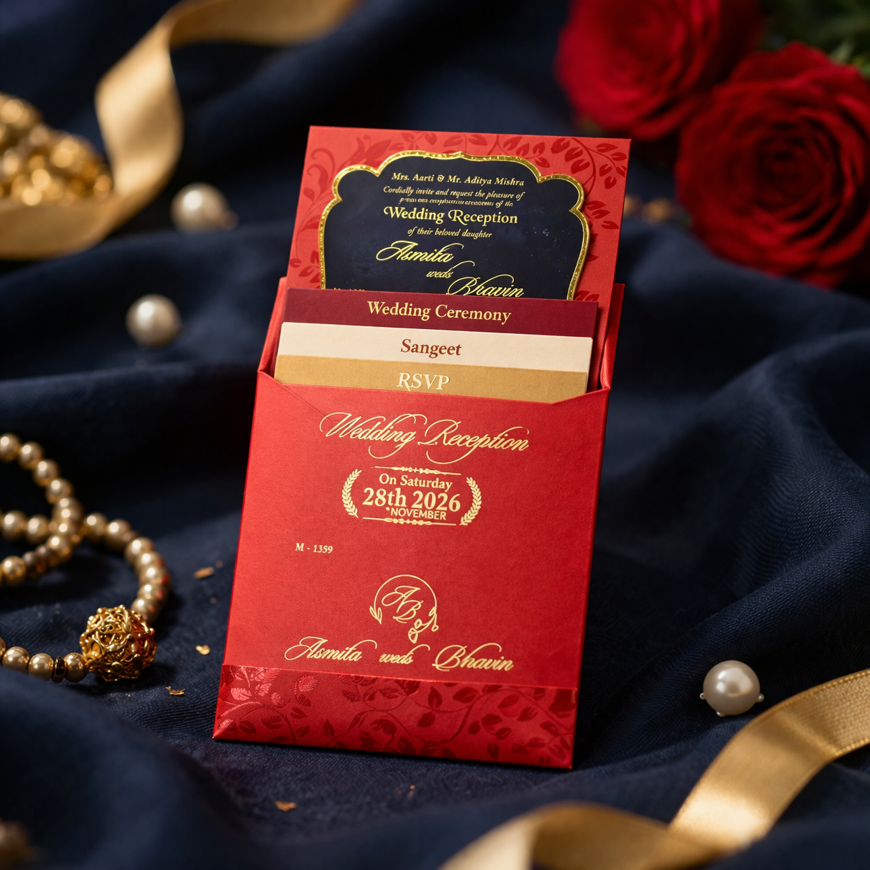 Royal Red Pocket Fold Wedding Invitation with Multi Inserts