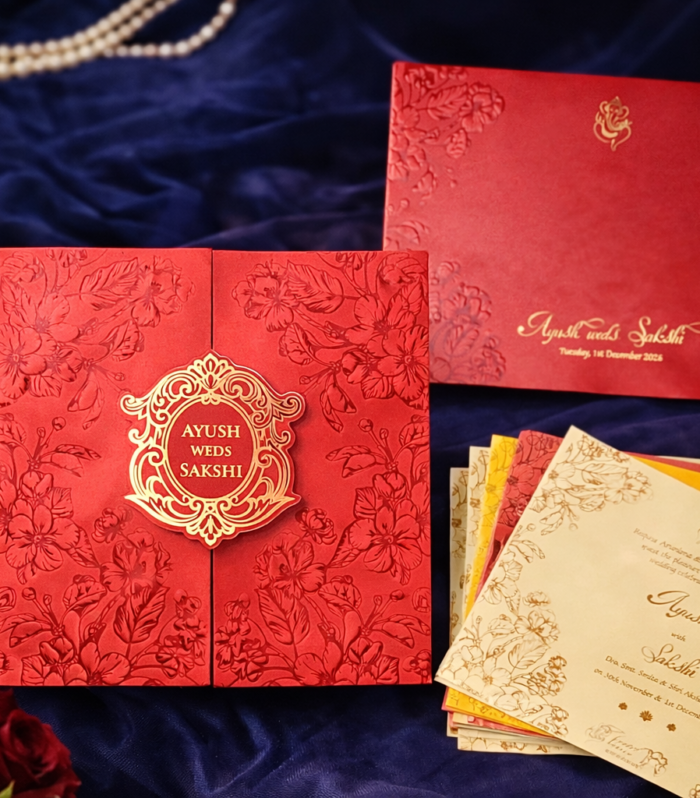 Royal Red Square Sleeve Wedding Invitation with Structured Inserts – Signature Edition