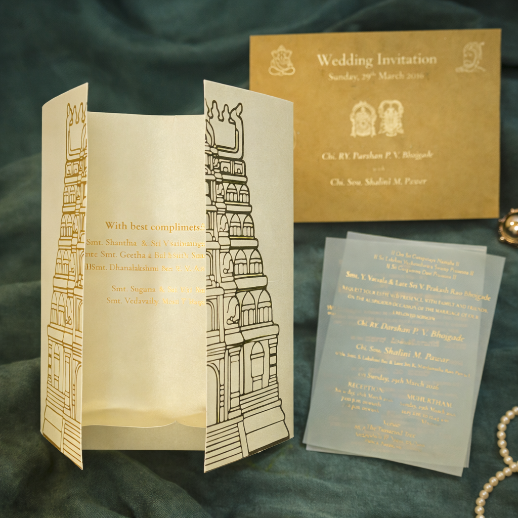 Royal Temple Gate Wedding Invitation with Traditional Motif Detailing - Image 2
