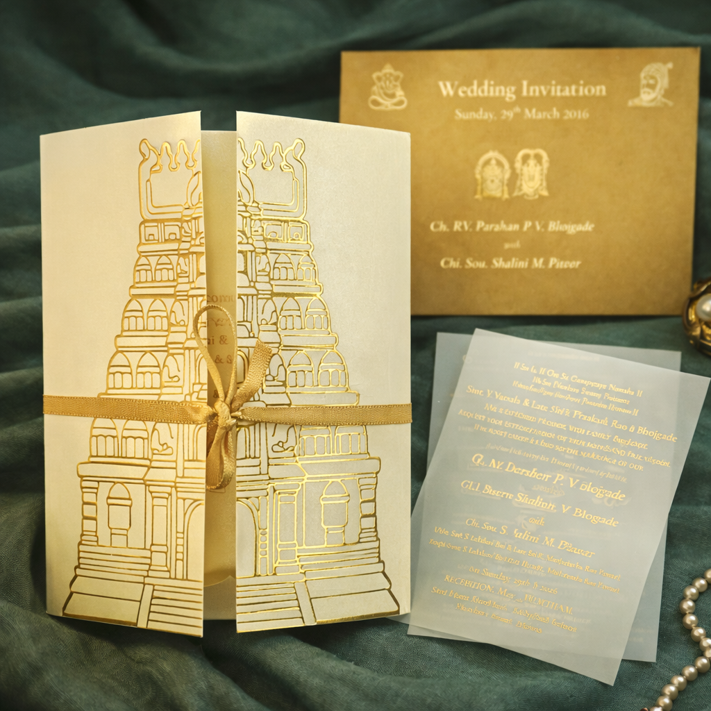 Royal Temple Gate Wedding Invitation with Traditional Motif Detailing